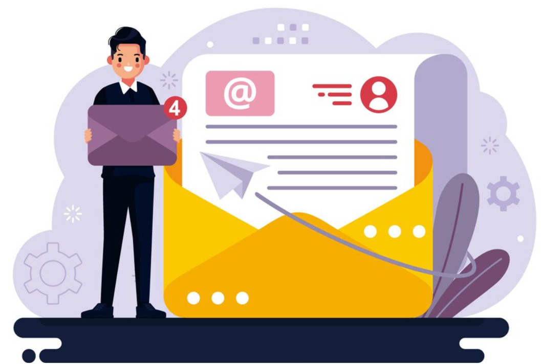 An image of an employee standing beside a huge envelope, symbolizing communication, mail handling, or document management in a professional setting.