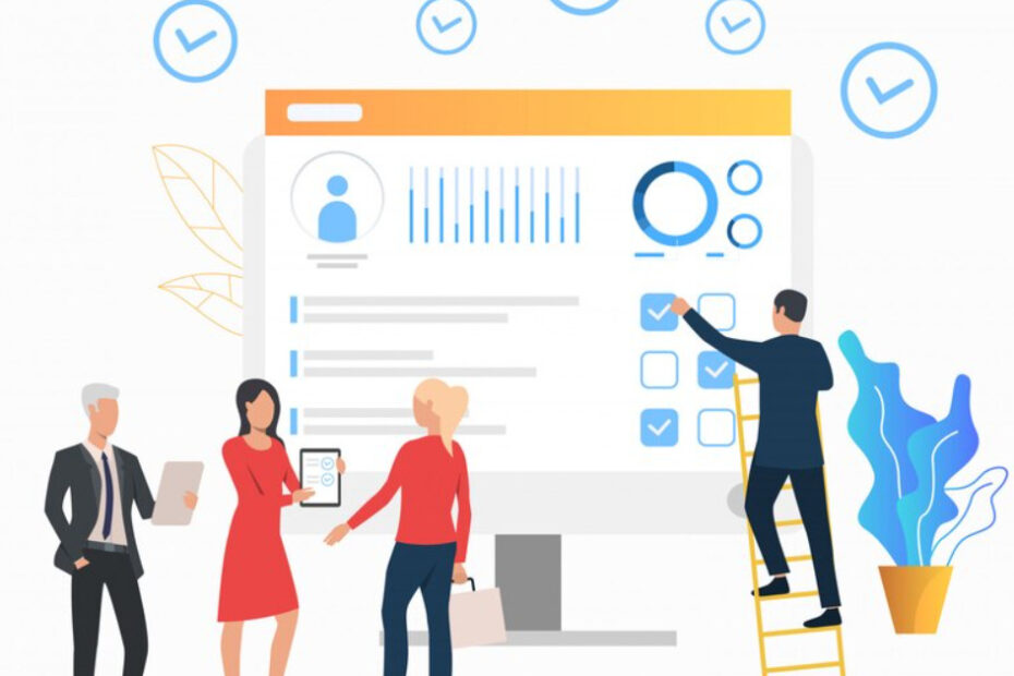 An image of three employees engaged in a conversation, while another stands on a stair in front of a huge screen, possibly presenting or analyzing data. The setting suggests a collaborative work environment with a focus on communication and information sharing.