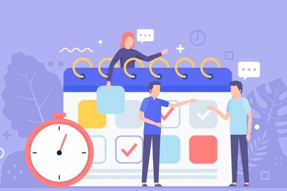 An image depicting three tiny employees standing next to a large calendar at the center, with a prominent clock symbol above it, representing time management and scheduling in a workplace setting.