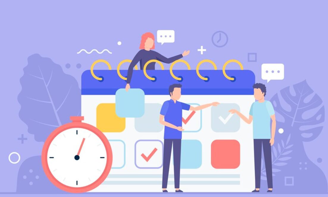 An image depicting three tiny employees standing next to a large calendar at the center, with a prominent clock symbol above it, representing time management and scheduling in a workplace setting.