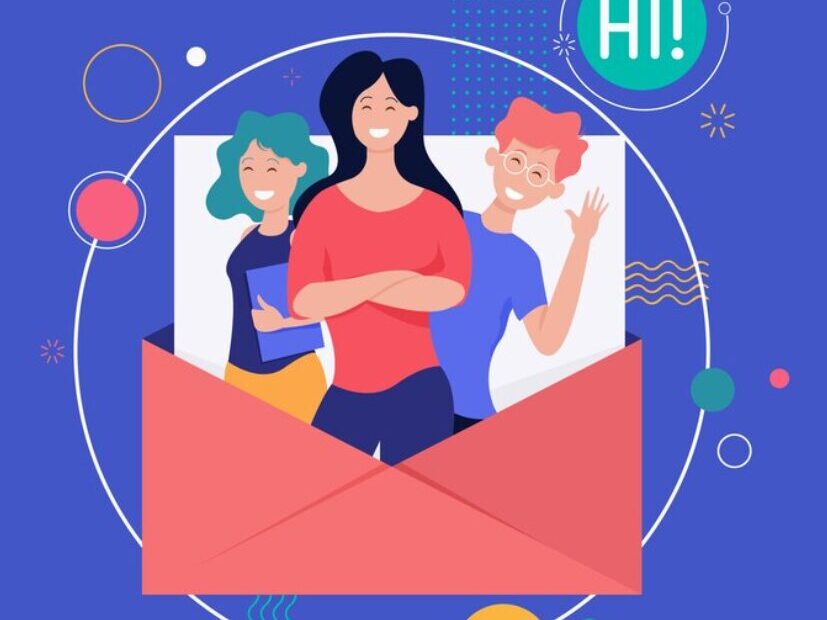 An illustration of three miniature employees emerging from an open letter envelope, each waving and saying "hi." This scene conveys a friendly and welcoming message.