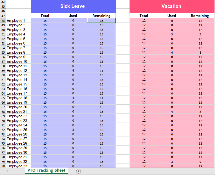 An image for a PTO tracker templet in Excel file