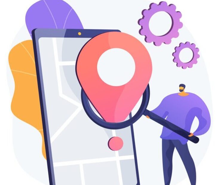An image of a small employee standing in front of a gigantic mobile phone, from which a large location icon is emerging, symbolizing location tracking or geographic services in a workplace setting.