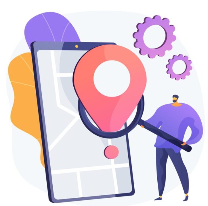 An image of a small employee standing in front of a gigantic mobile phone, from which a large location icon is emerging, symbolizing location tracking or geographic services in a workplace setting.