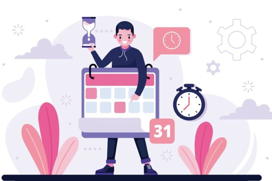 An image that shows an employee holding a huge calendar and hourglass, symbolizing time management and scheduling.