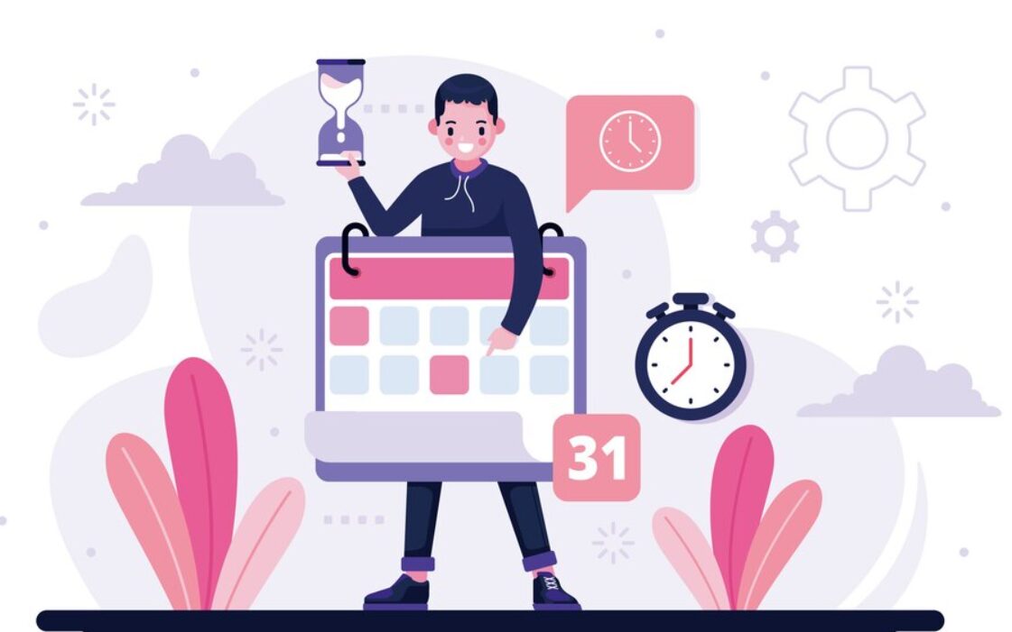 An image that shows an employee holding a huge calendar and hourglass, symbolizing time management and scheduling.