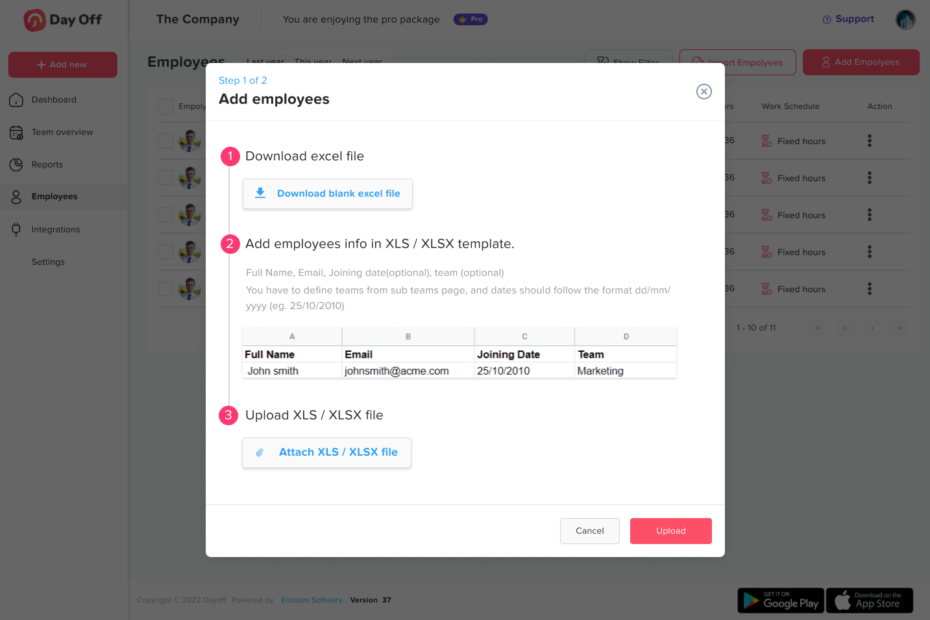 An image shows the way how you can import your team by using an Excell sheet instead of adding each one individually.