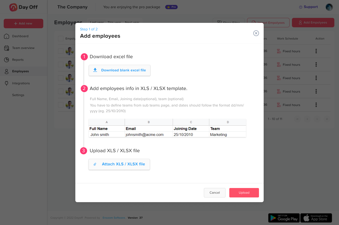 An image shows the way how you can import your team by using an Excell sheet instead of adding each one individually.