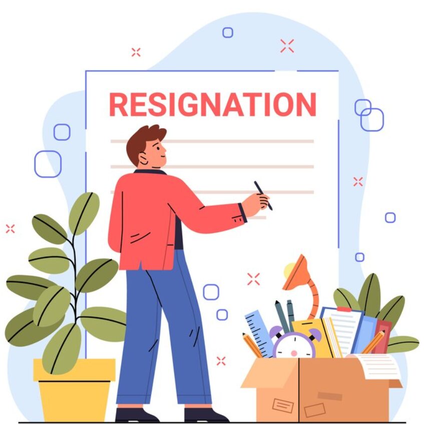 An illustration for an employee standing in front of a huge Resignation letter and holding a pen on his hand.
