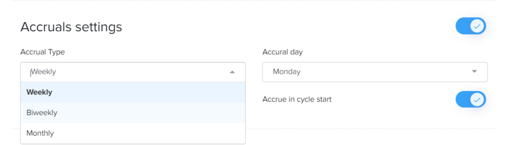 An image of the accrual settings in Day Off platform