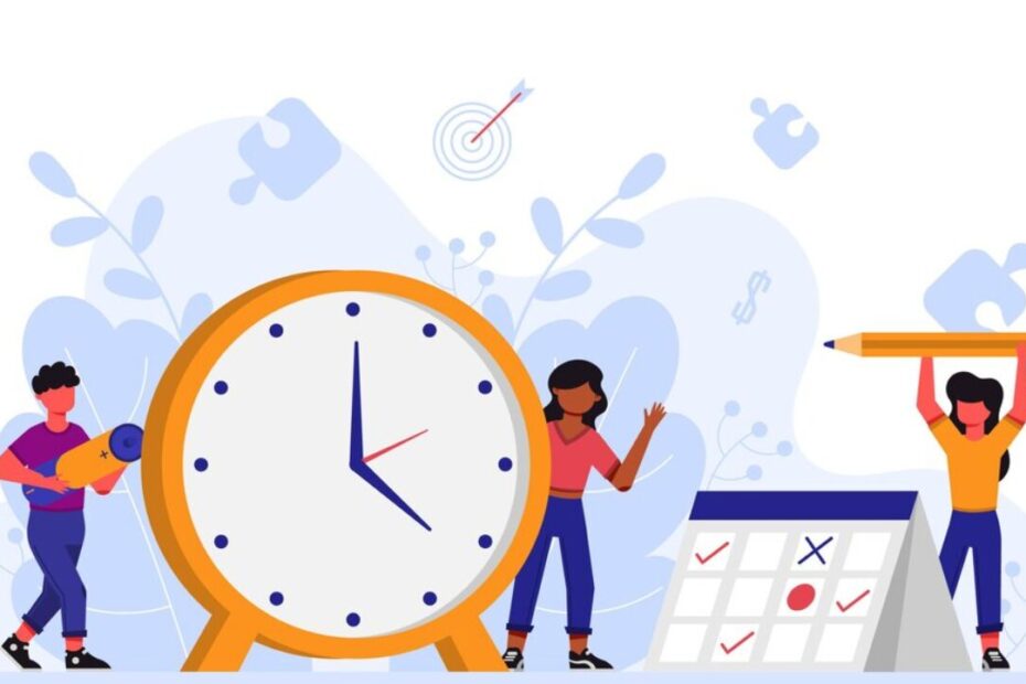 boy and girl holding a clock, and a second girl is marking the paid time off.