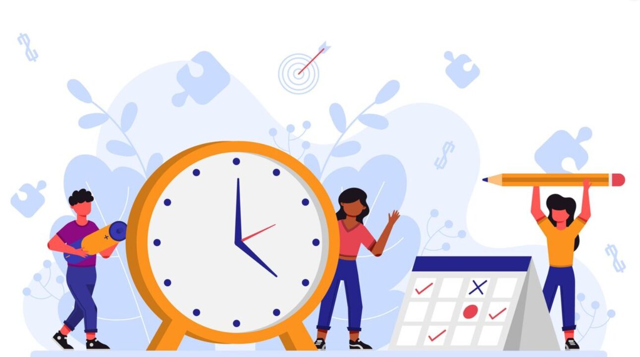 boy and girl holding a clock, and a second girl is marking the paid time off.