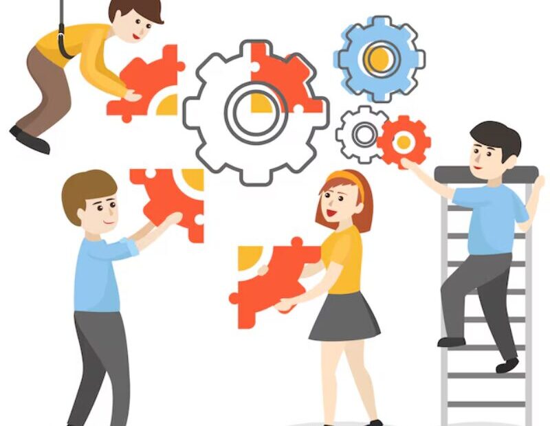 employees are team working to complete their task together.