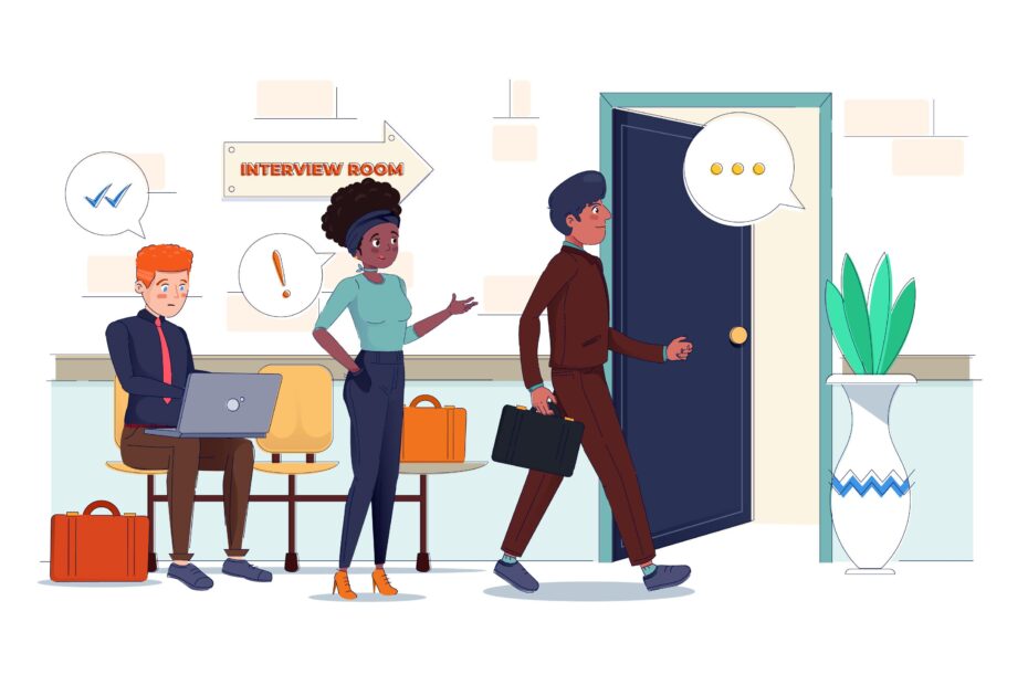 The illustration depicts a job interview scene with three individuals in an office setting. On the left, a person sits with a laptop, possibly a candidate or recruiter, with a checkmark indicating readiness. In the center, another person stands and gestures, likely giving instructions, marked by an exclamation icon. On the right, a person walks towards a door labeled "Interview Room," carrying a briefcase and shown with a speech bubble, indicating contemplation. The background includes a potted plant and typical office decor, emphasizing a professional environment.