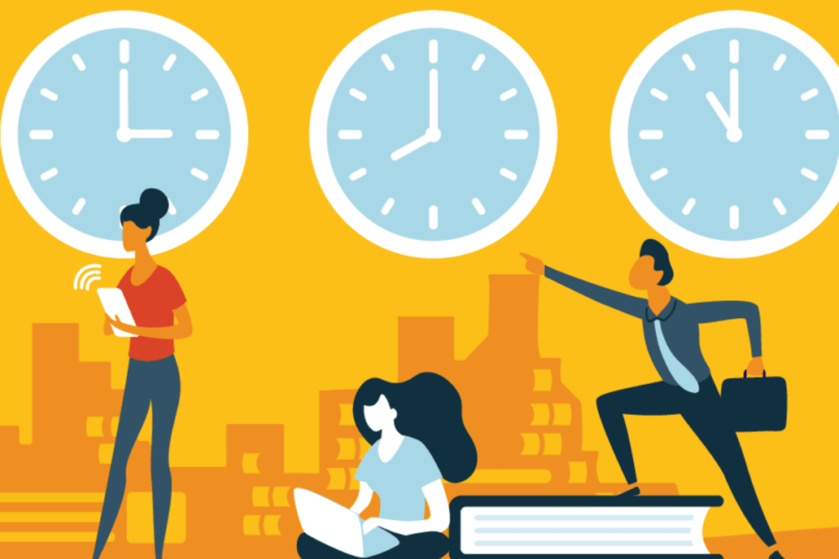 2 girls and a man are working in different time zones, with a watch above them.