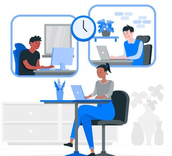 employee is sitting on a chair and there is a laptop Infront of her, talking to her two colleagues, that are sitting in their offices.