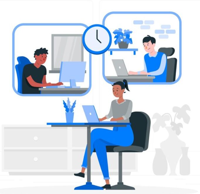 employee is sitting on a chair and there is a laptop Infront of her, talking to her two colleagues, that are sitting in their offices.