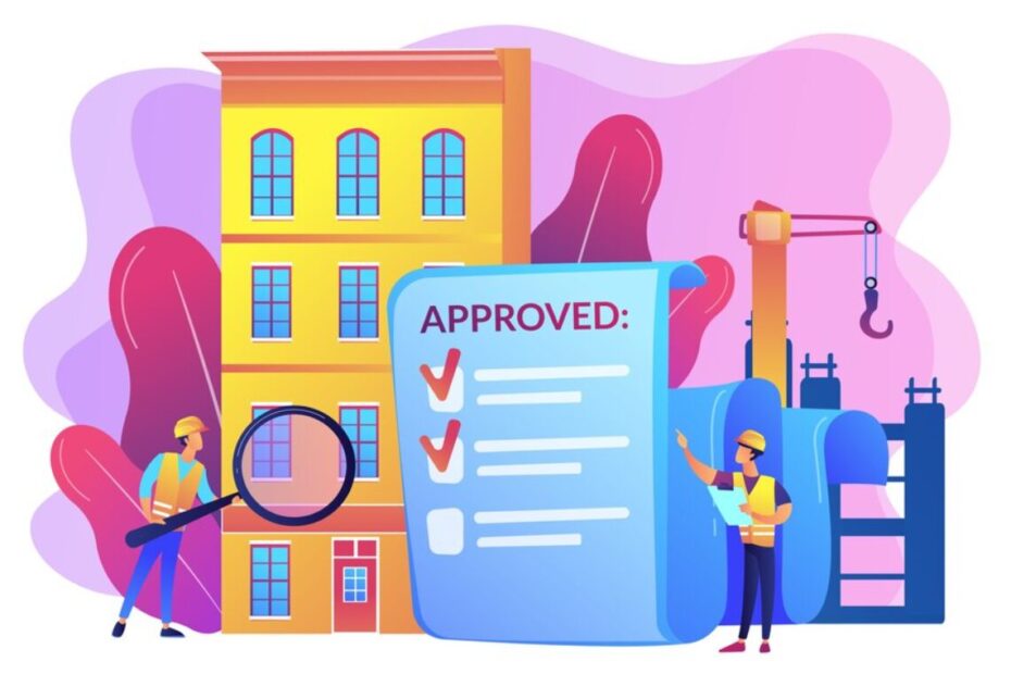 an architect holding a lens on a building and another is holding a list of approved requests.
