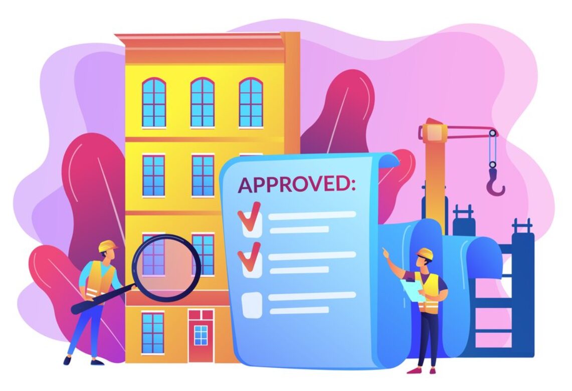 an architect holding a lens on a building and another is holding a list of approved requests.