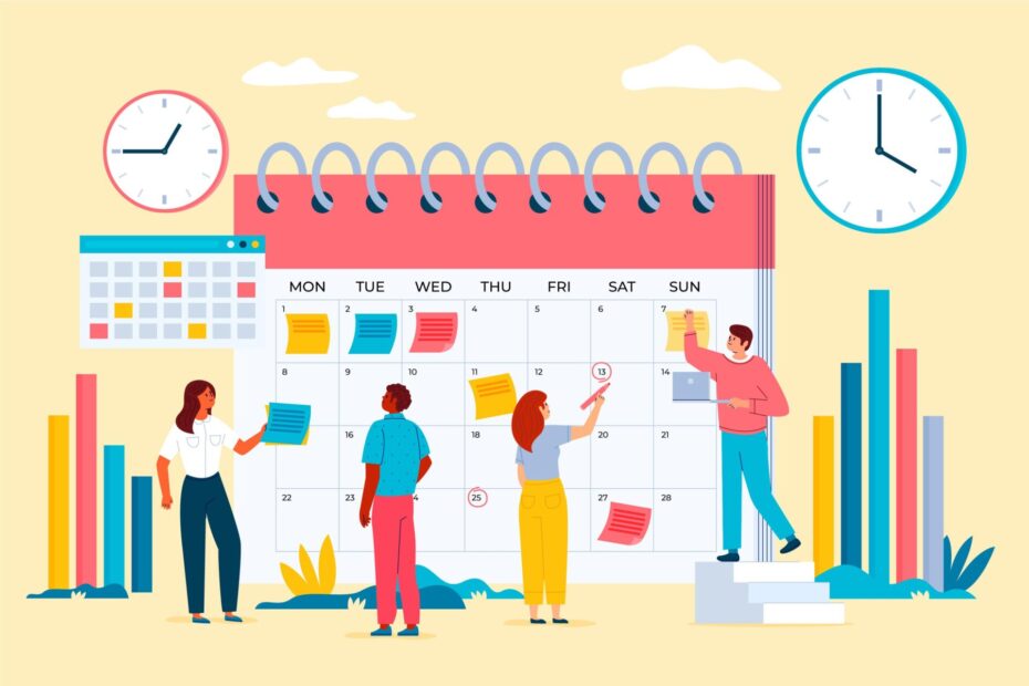 An image of four employees doing some modifications to a huge calendar