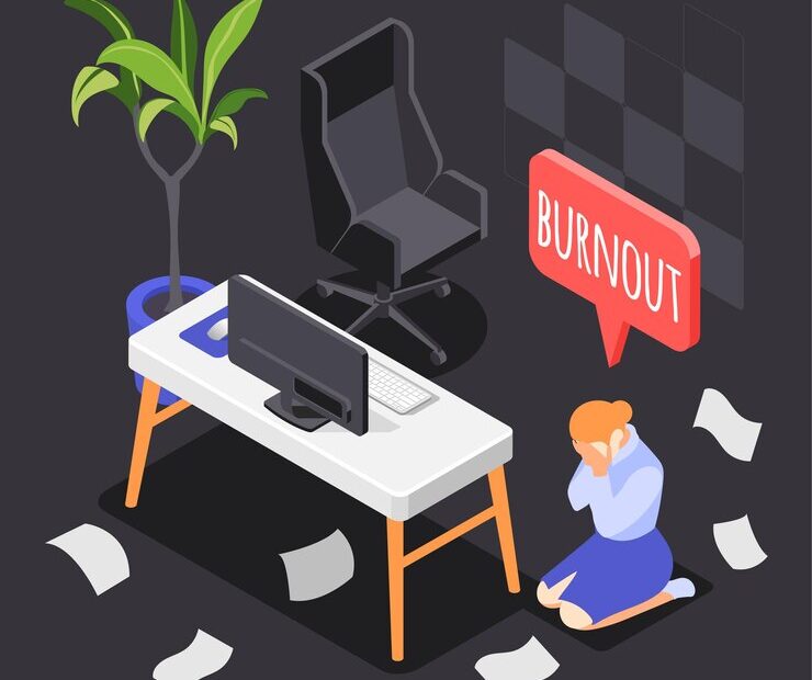 Girl is crying from burnout in workplace.