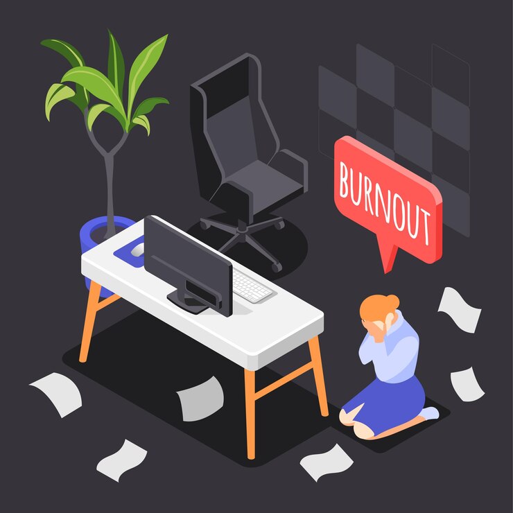 Girl is crying from burnout in workplace.