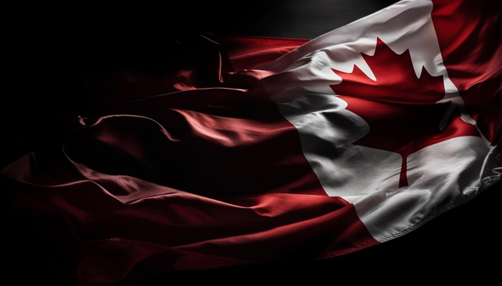 A close-up of the Canadian flag, partially illuminated against a dark background. The flag's fabric appears textured and wavy, with the red maple leaf prominently displayed. The lighting highlights the rich red and white colors, giving the flag a dramatic and reverent appearance.
