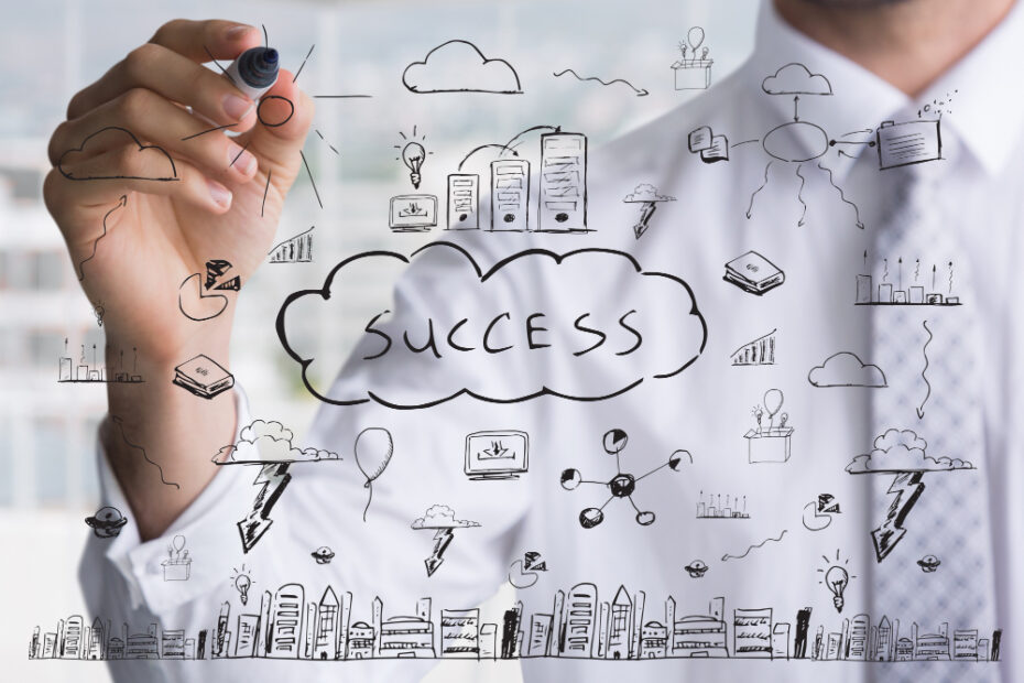 A person in a white dress shirt and tie is using a black marker to draw various business-related symbols on a transparent surface. In the center, the word "SUCCESS" is written in large letters inside a cloud. Surrounding this are sketches of buildings, graphs, lightbulbs, clouds, arrows, and other icons representing growth, innovation, and business concepts. The background is blurred, focusing attention on the drawings and the person's hand.