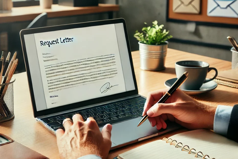 -A-professional-office-setting-with-a-person-writing-a-request-letter-on-a-laptop.-The-scene-includes-a-tidy-desk-with-a-cup-of-coffee-a-notebook