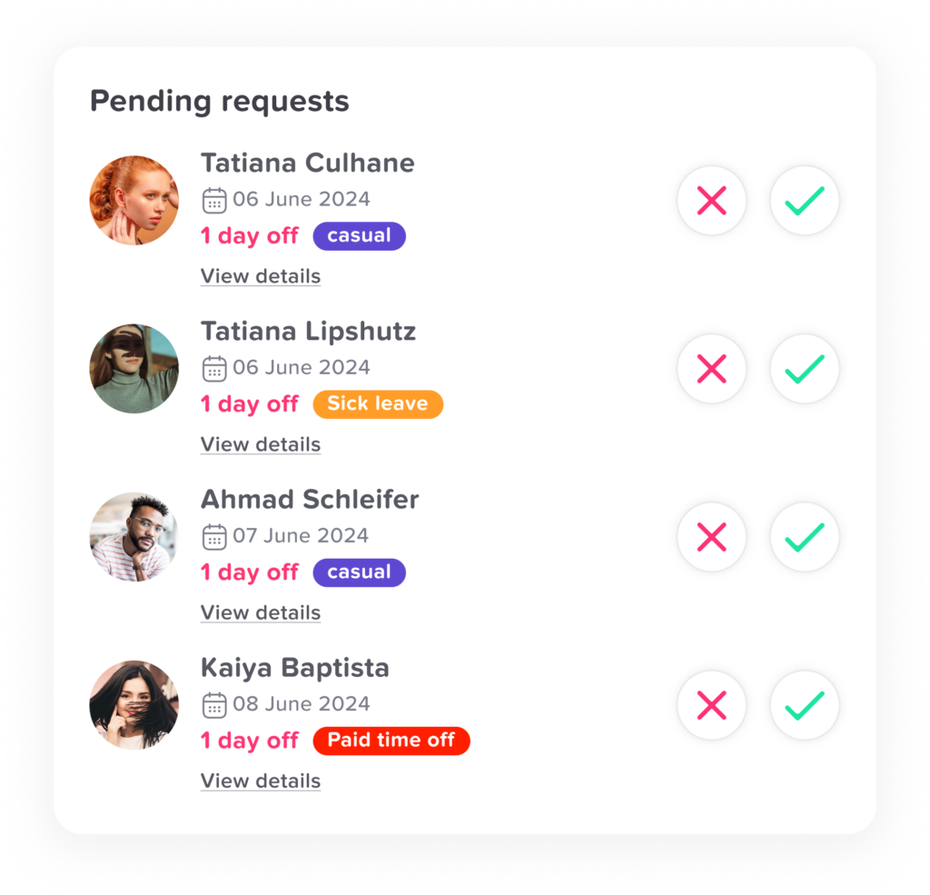 A list of pending time-off requests from four employees, each showing the date, type of leave, and options to approve or reject.