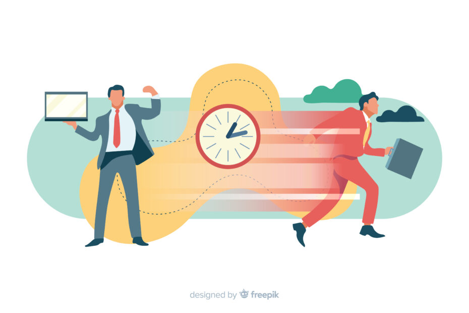 Illustration of two business professionals in motion, with a clock in the center. On the left, one person stands calmly holding a tablet, representing balanced time management. On the right, another person is rushing with a briefcase, symbolizing urgency or a race against time. The background features soft pastel colors and flowing lines, highlighting the contrast between the two figures.