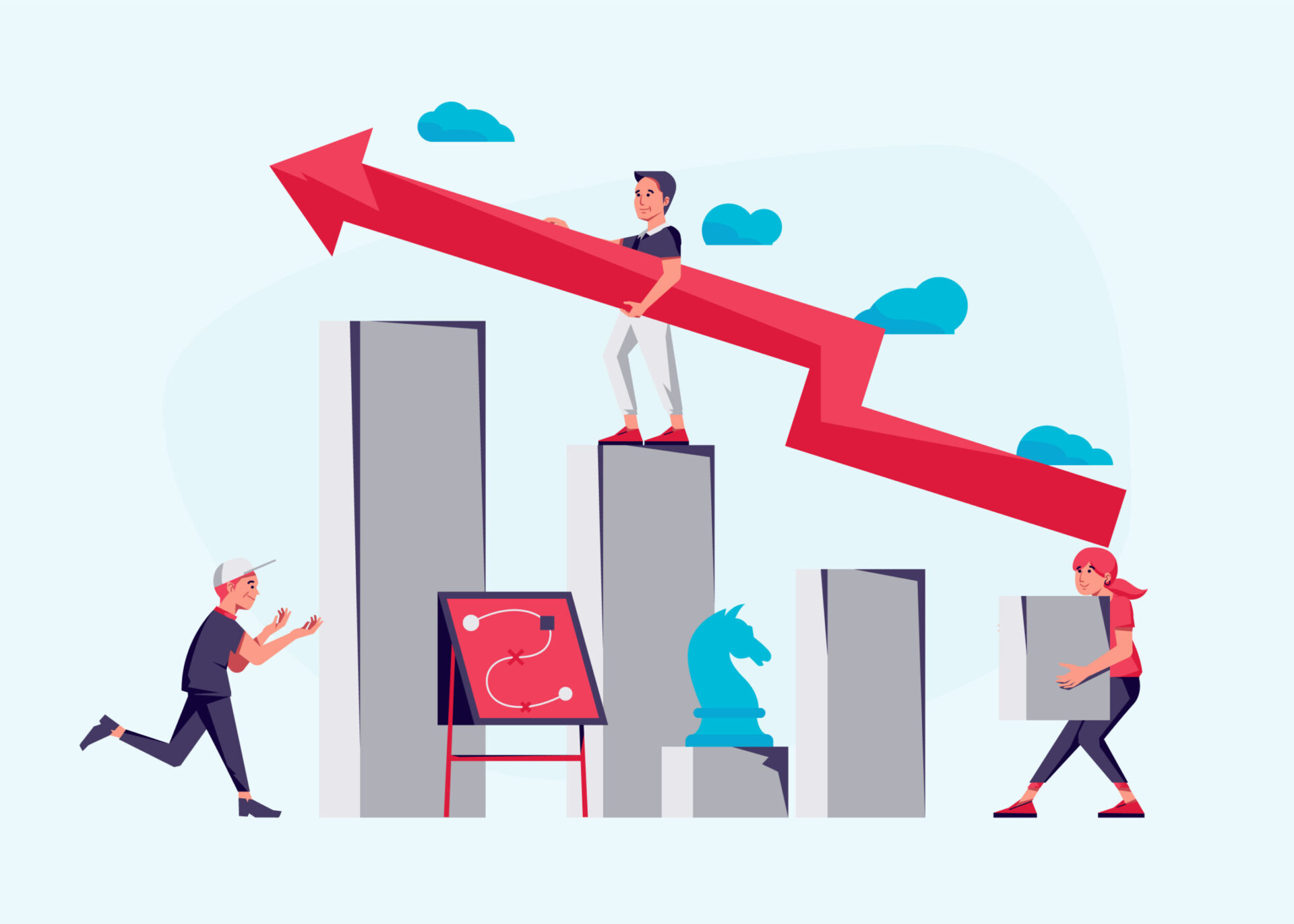 The image depicts teamwork and strategy in business growth, with individuals supporting a rising arrow symbolizing success and collaboration.