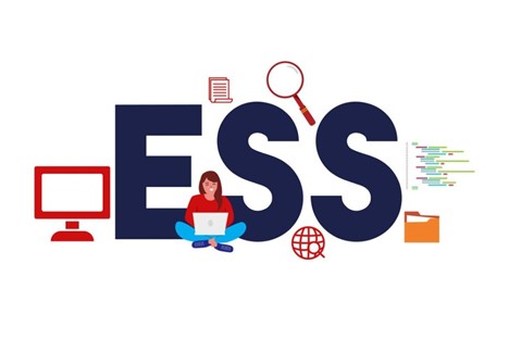 The image shows the letters "ESS" in large font, with various symbols representing technology and work. These include a computer monitor, a person sitting with a laptop, a magnifying glass, a document, code lines, and a file folder, suggesting a focus on digital services or systems.