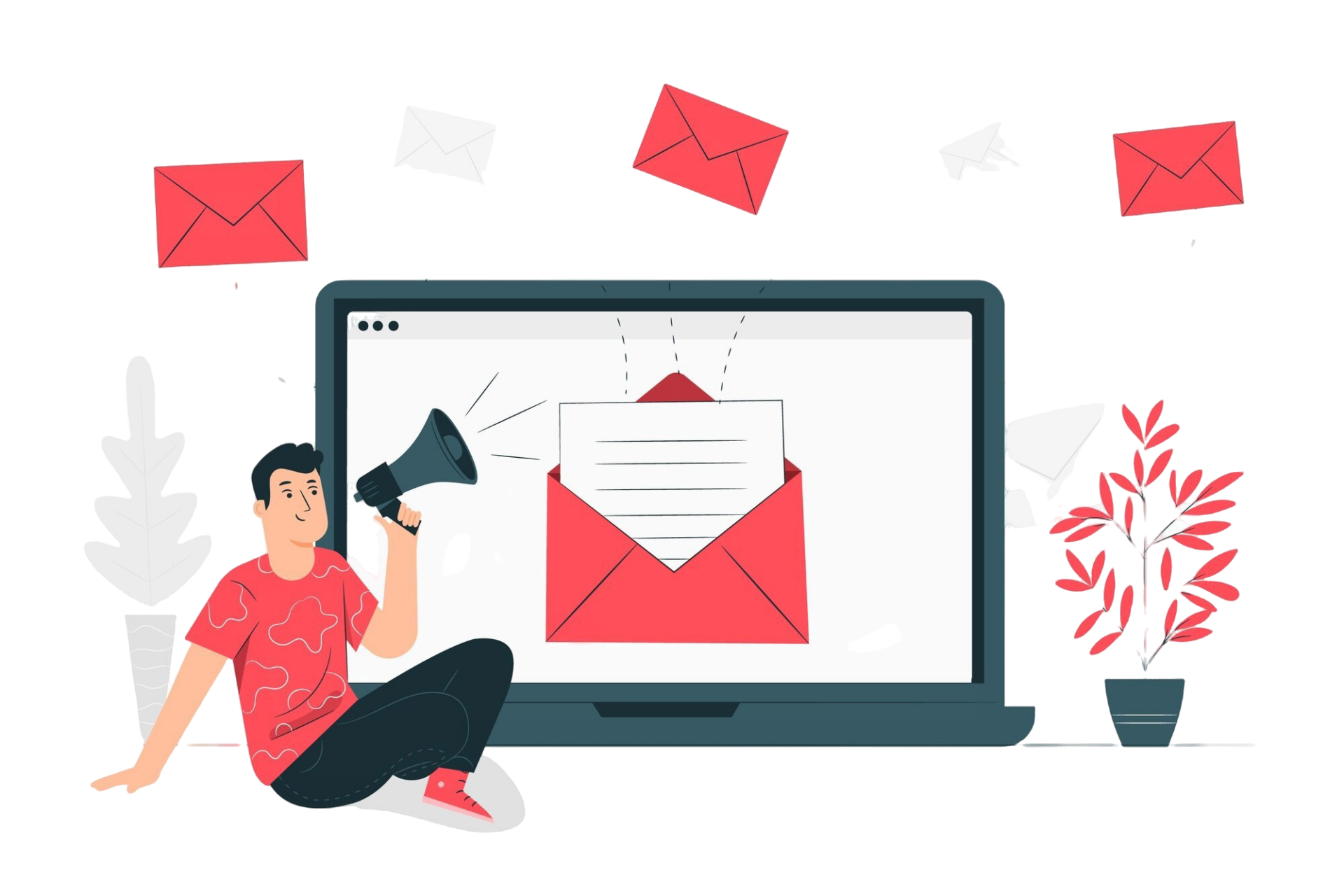 Illustration of a person sitting next to a large laptop screen with an envelope icon displayed, symbolizing email communication. The person holds a megaphone, emphasizing the importance of sending messages or announcements. Red and white envelopes are scattered in the background, suggesting multiple emails being sent or received. The scene is complemented by a red plant on the side, adding a touch of decor to the workspace.