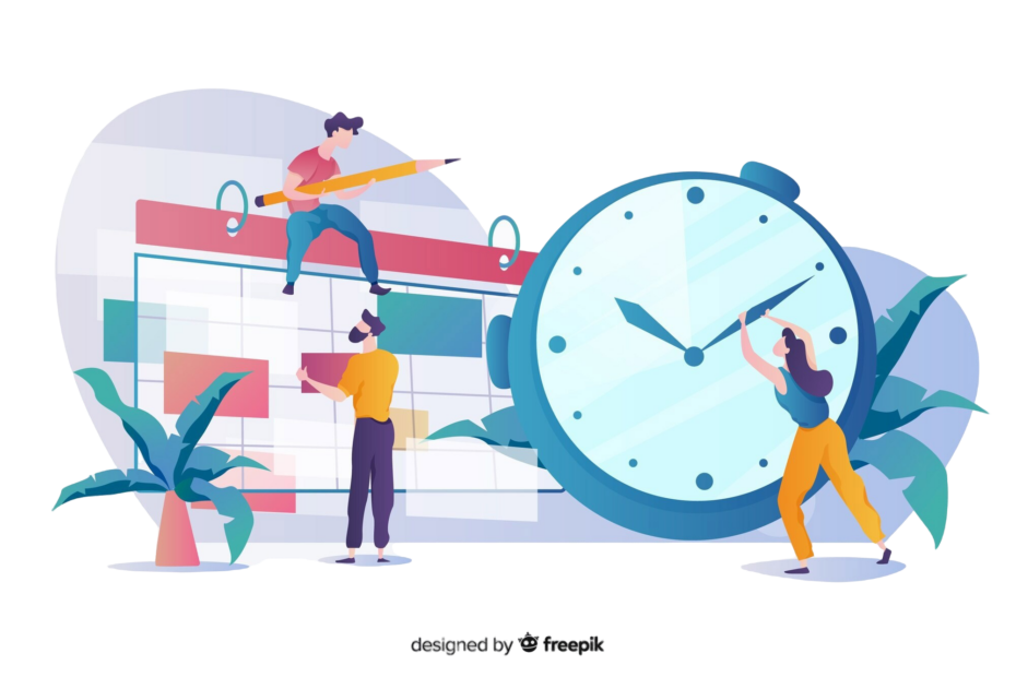Illustration of three individuals managing PTO days, featuring a large calendar and clock. One person is seated on the calendar holding a pencil, symbolizing planning, while another adjusts schedule blocks, and a third adjusts the hands of a clock. The image represents time management and organization of PTO days.
