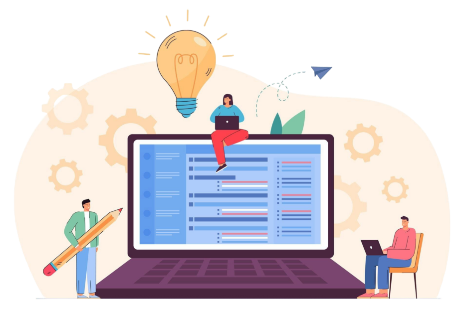 Illustration of employees working collaboratively around a digital interface, symbolizing the efficiency and innovation of vacation tracking software.