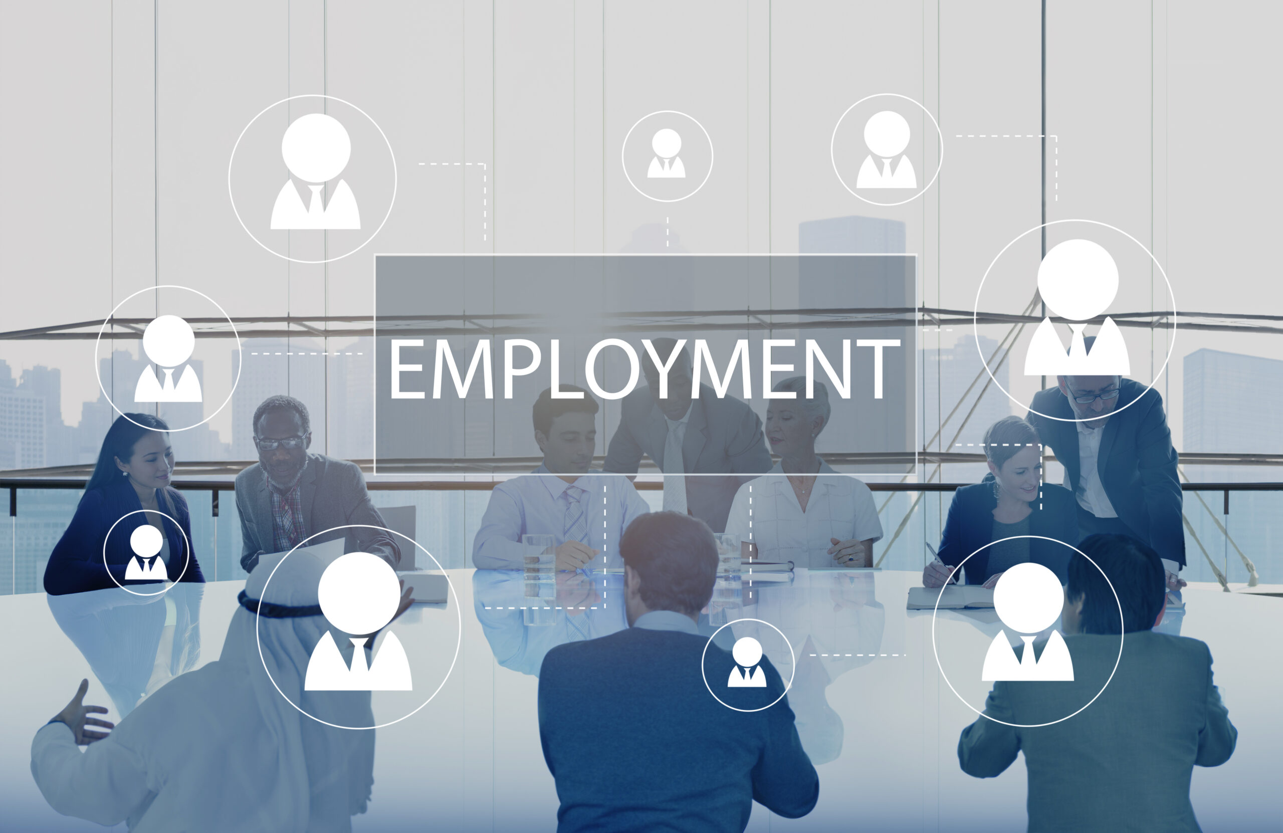 A professional business meeting with diverse employees discussing different types of employment, with a digital overlay of connected workforce icons and the word "EMPLOYMENT" displayed prominently.
