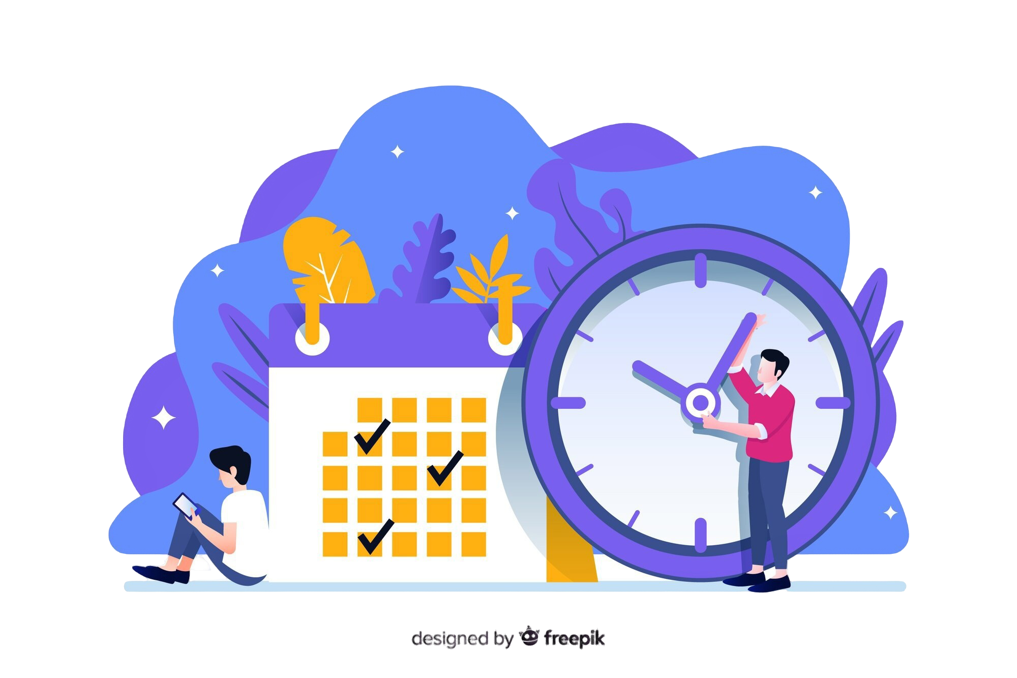 An illustration depicting time management and scheduling, featuring a large calendar with checkmarks and a giant clock. A person is sitting with a tablet, while another adjusts the clock hands. The background includes abstract leaves and stars, symbolizing productivity and organization.