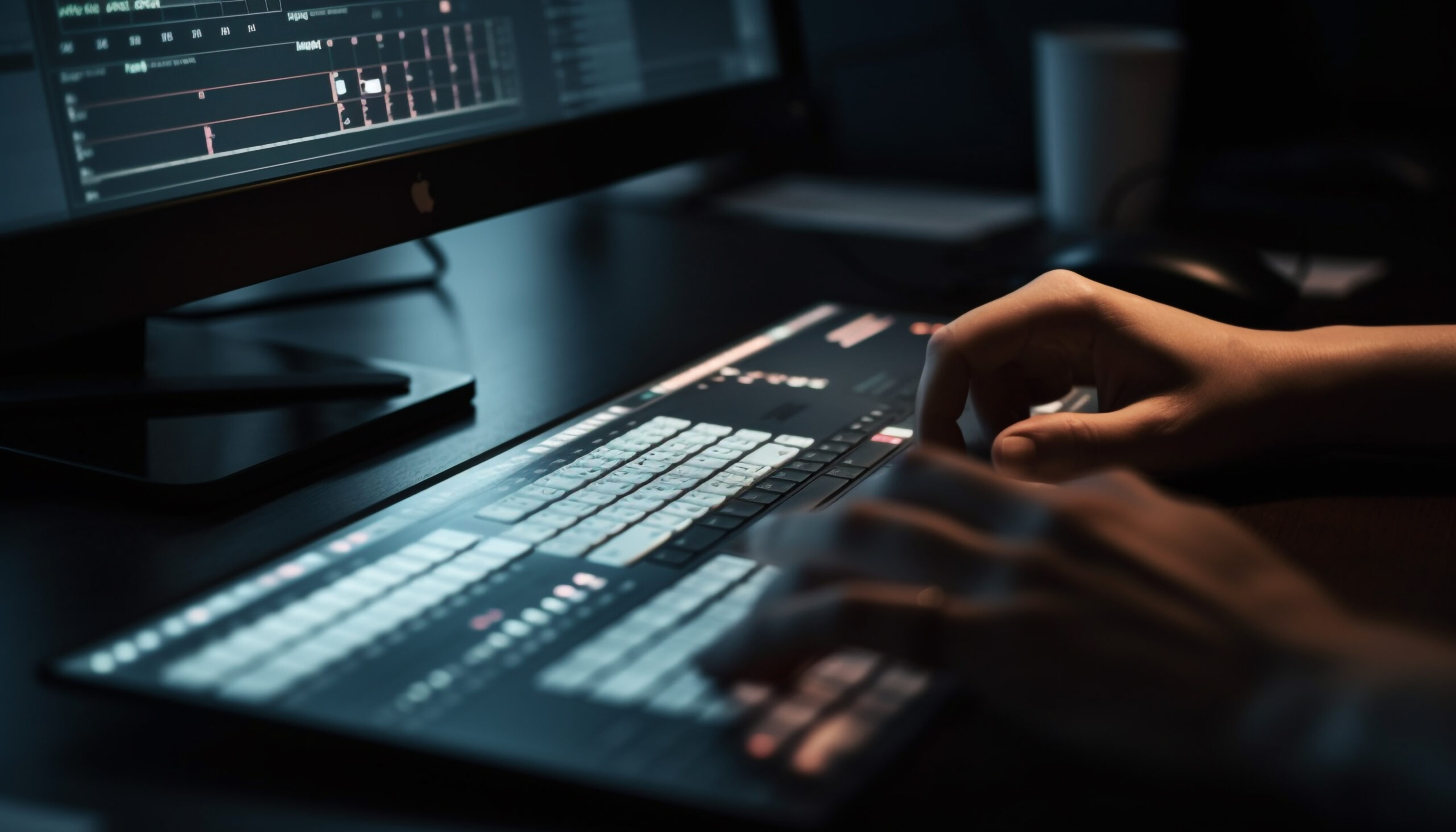 Hands working on a video editing software interface displayed on a computer screen in a dimly lit workspace