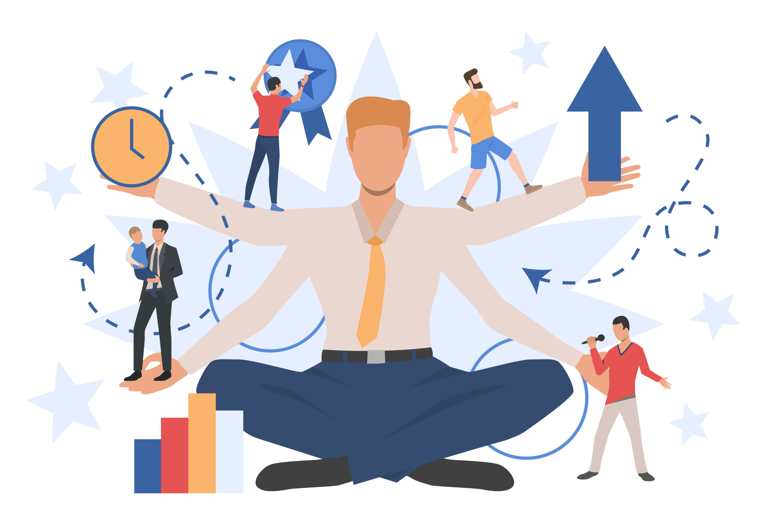 Illustration representing effective employee management, featuring a multi-armed person in business attire balancing various tasks like time management, performance growth, employee recognition, family responsibilities, and communication, symbolizing the integration of technology and human-centric approaches in the workplace.