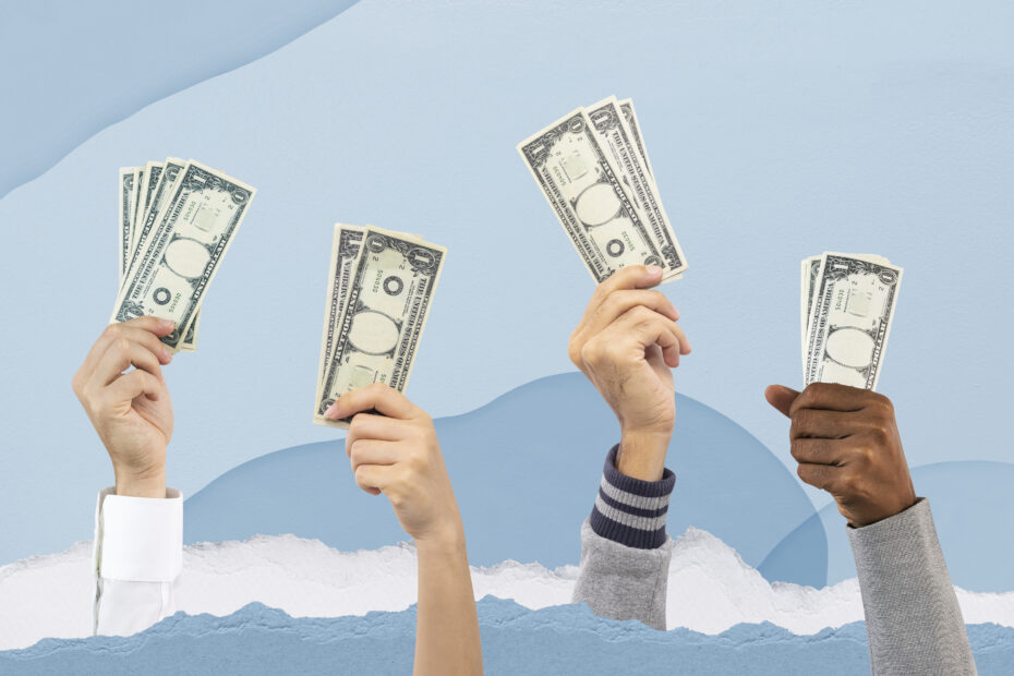 Multiple hands of diverse individuals holding up dollar bills against a blue background, symbolizing financial growth and earnings. This conceptual image represents salary increases, budgeting, and financial planning, making it ideal for topics related to a pay raise calculator.
