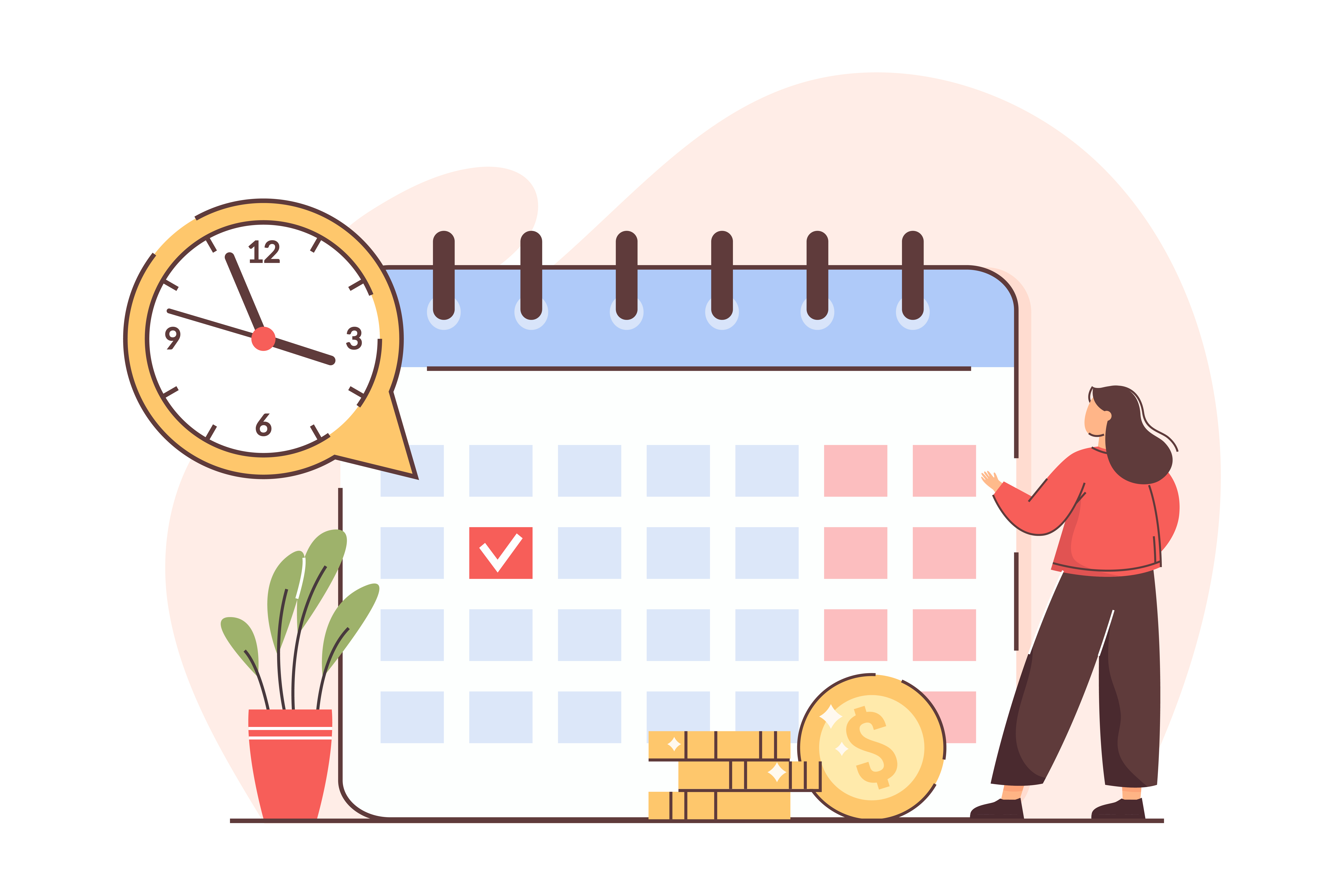 Illustration of a woman planning her schedule in front of a large calendar with a clock and money symbols, representing the concept of annual leave entitlement and time-off planning