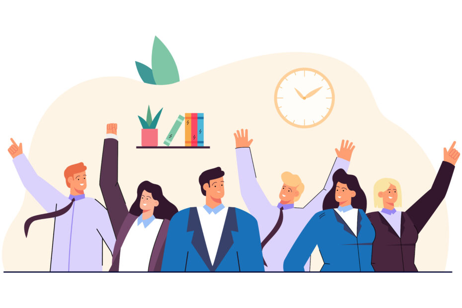 "Happy team of employees celebrating in a modern office, representing workplace flexibility and trust-based culture aligned with the FTO meaning (Flexible Time Off) policy